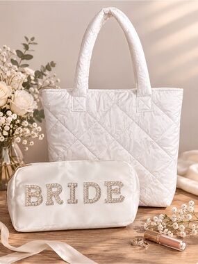 Wedding Day Essentials! White 'BRIDE' Make Up Bag w/ quilted tote Spring Wedding